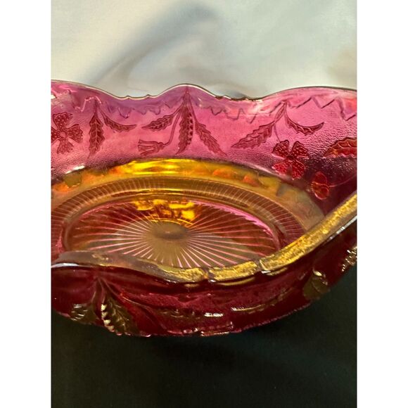 VINTAGE Delaware US GLASS Pink Rose Stain Fruit BANANA Bowl Gold Accent ANTIQUE - Picture 3 of 16
